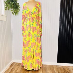 ASOS Design Sz 8 UK12 Soft Shirred Waist Open Back Maxi Dress Yellow Pink Floral